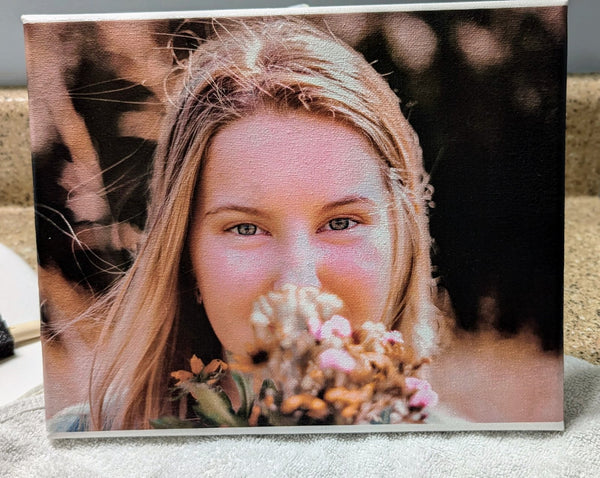 Custom portrait photo transferred onto canvas with a waterslide decal
