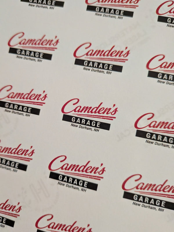 Custom red and black garage business logo waterslide decal sheet
