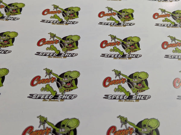 Custom hot rod speed shop logo waterslide decals with a green monster character