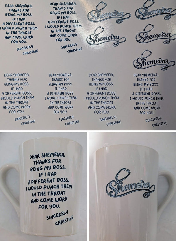 Custom nurse name and funny boss quote waterslide decal sheet, shown applied to the front and back of a white mug