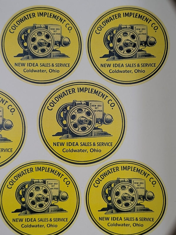 Vintage yellow round farm implement dealer logo waterslide decals