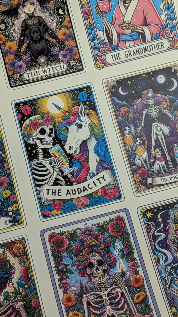 Colorful skeleton tarot card waterslide decals: The Audacity, The Witch, The Grandmother and more