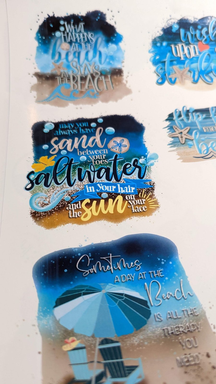 What Happens at the Beach, Sand Between Your Toes and Beach Therapy printed waterslide decals