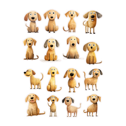 Full sheet of 16 cute yellow lab puppy stickers in a hand-painted style